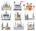 Medieval kingdom castles. Fairy-tale buildinds of middle ages historic period. Vector building exterior design. Royal