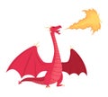 Medieval kingdom character of middle ages historic period vector Illustration. Red dragon spitting fire, mythical fire Royalty Free Stock Photo