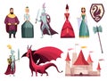 Medieval kingdom characters 2 flat horizontal sets with rider king queen knight castle fortress dragon vector