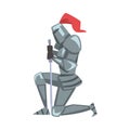 Medieval Kneeling Knight, Chivalry Warrior Character in Full Metal Body Armor with Sword Cartoon Style Vector Royalty Free Stock Photo