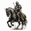 Medieval knight in ancient metal armor on a horse, clothes of medieval warrior, armor helmet, isolated on white, Royalty Free Stock Photo