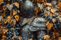 Medieval Knight in Armor Camouflaged Among Autumn Leaves and Berries Vintage Armory in Natural Setting