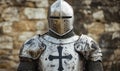 Medieval knight armor, detailed metal helmet, chainmail, cross emblem, historical reenactment, stone wall background Royalty Free Stock Photo
