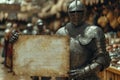 A medieval knight in armor holds an ancient lettering sheet in his hands against the background of the store. Prepared Royalty Free Stock Photo