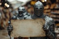 A medieval knight in armor holds an ancient lettering sheet in his hands against the background of the store. Prepared Royalty Free Stock Photo