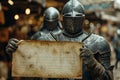 A medieval knight in armor holds an ancient lettering sheet in his hands against the background of the store. Prepared Royalty Free Stock Photo