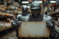 A medieval knight in armor holds an ancient lettering sheet in his hands against the background of the store. Prepared Royalty Free Stock Photo