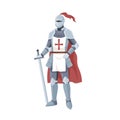 Medieval knight in armor, red cape and helmet with feather. Warrior of Middle Ages standing and leaning on a sword