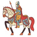 Medieval knight armor riding decorated horse, stylized vector illustration. Armored warrior