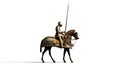 A medieval knight in armour, riding a horse and wearing a spear. 3D render. Isolated on transparent background Royalty Free Stock Photo