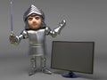 Medieval knight in armour takes delievery of a new widescreen television, 3d illustration