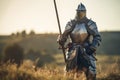 Medieval knight on battlefield landscape. Generative AI Royalty Free Stock Photo