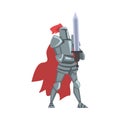 Medieval Knight, Brave Chivalry Warrior Character in Full Heavy Body Armor with Sword Cartoon Style Vector Illustration Royalty Free Stock Photo