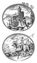 Medieval knight and castle. Antique chateau and cavalier on horseback. Ancient rider. Template for label or badge. Hand