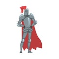 Medieval Knight, Chivalry Warrior Character in Full Metal Body Armor and Red Cape Cartoon Style Vector Illustration Royalty Free Stock Photo