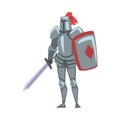 Medieval Knight, Chivalry Warrior Character in Full Metal Body Armor with Shield and Sword Cartoon Style Vector Royalty Free Stock Photo