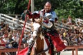 Medieval knight demonstrate skills on horseback Royalty Free Stock Photo