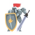 Medieval Knight in Fighting Pose, Chivalry Warrior Character in Full Metal Body Armor with Shield and Sword Cartoon