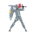 Medieval Knight Fighting with Shield and Sword, Chivalry Warrior Character in Full Metal Body Armor Cartoon Style Vector Royalty Free Stock Photo