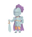 Medieval Knight In Full Armor Flat Illustration. The comic caricature. Funny Cartoon Knight.