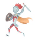 Medieval Knight In Full Armor Flat Illustration. The comic caricature. Funny Cartoon Knight.