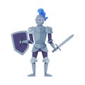 Medieval knight in full armour standing with shield and sword, front view vector illustration Royalty Free Stock Photo