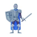 Medieval knight in full armour standing with shield and sword vector illustration Royalty Free Stock Photo