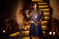 Medieval knight on guard in ancient castle interior. Royalty Free Stock Photo