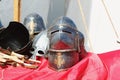 Medieval knight helmets on the table Royalty Free Stock Photo