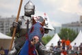 Medieval knight on horse in heavy protection Royalty Free Stock Photo