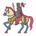Medieval knight horseback armor spear ready battle. Vibrant colored vector illustration knight