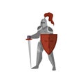 Medieval knight with long sword and red cross shield