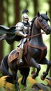 Medieval knight riding black horse in enchanted forest Royalty Free Stock Photo
