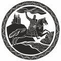 A medieval knight is riding a horse. Black and white decorative graphics