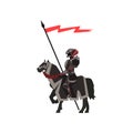 Medieval knight riding horse. Royal guard in black armor with red flag. Flat vector design for story book, poster or Royalty Free Stock Photo