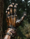 Medieval knight\'s armored gauntlet raised in a forest setting