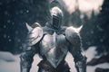 Medieval knight in shining armor on a winter background. Realistic illustration. Generative AI