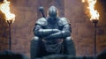 Medieval knight sitting with folded arms in a dark castle Royalty Free Stock Photo