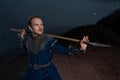 Medieval knight with spear in armor as style Game of Thrones in