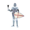 Medieval knight standing in armor holding shield and club weapon. Armored warrior of Middle Ages with mace isolated on Royalty Free Stock Photo