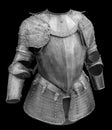 Medieval knight suit of armor protection isolated on black background with clipping path. Ancient steel metal armour Royalty Free Stock Photo