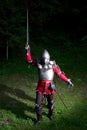 Medieval Knight With Sword in Raised Hand in the Forest at Night Royalty Free Stock Photo