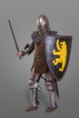Medieval knight with Sword, Shield, Helmet against grey background Royalty Free Stock Photo