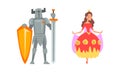 Medieval Knight with Sword and Shield and Princess with Golden Crown on Her Head Vector Set