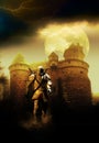 Knight, Castle and Moon Royalty Free Stock Photo