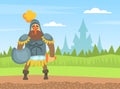 Medieval Knight Warrior in Armour Standing on Nature Landscape with Sword and Shield Cartoon Vector Illustration Royalty Free Stock Photo