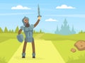 Medieval Knight Warrior in Full Armour Standing on Nature Landscape with Rised Sword Cartoon Vector Illustration Royalty Free Stock Photo