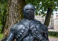 Medieval knightly armor in the city park of Vyborg