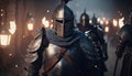 Medieval Knights in armor are preparing for battle, the defense of the castle. Warriors in shiny metal armor Royalty Free Stock Photo