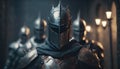 Medieval Knights in armor are preparing for battle, the defense of the castle. Warriors in shiny metal armor Royalty Free Stock Photo